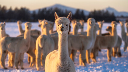 Alpacas in a field in the winter at sunset near Bend Oregon in Central Oregon