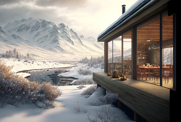Wintertime mountain valley house terrace. Generative AI