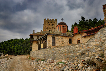 The harbour of Saint George the Zograf Monastery or Zograf Monastery in Greece. It was founded in...