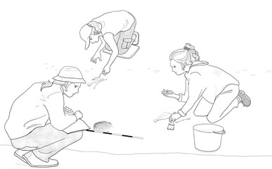Archaeological excavation monochrome illustration