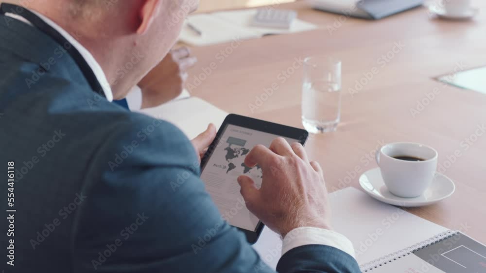 Poster global investment, businessman hands and tablet with stock market employee working on web data. fint