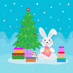 Merry Christmas and New Year design. New year tree and happy rabbit with gift boxes. Color vector illustration in cartoon flat style. 