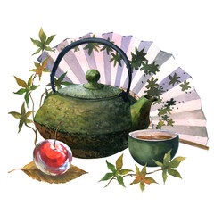 Obraz na płótnie Canvas Watercolor asian tea set with dack green teapot, green cup of tea, jelly cherry on leaves of sakura and Japan fan, isolate on white background.