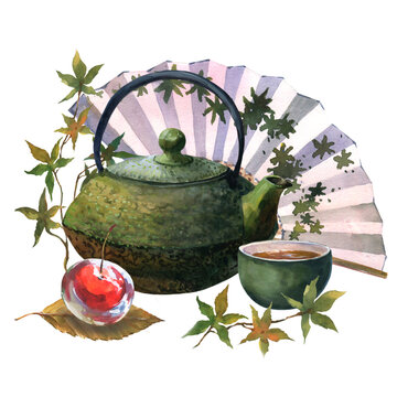 Watercolor asian tea set with dack green teapot, green cup of tea, jelly cherry on leaves of sakura and Japan fan, isolate on white background.