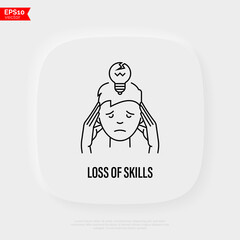 Loss of skills, Alzheimer disease, long covid, dementia thin line icon. Broken light bulb under man's head. Vector illustration.