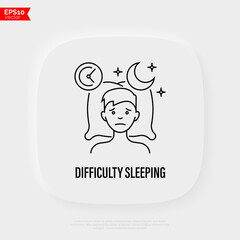Insomnia: tired man lying on pillow, sleepless, depression, stress. Thin line icon. Vector illustration.