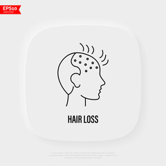 Hair loss. Bald place on men scalp. Alopecia thin line icon. Vector illustration.