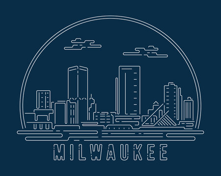 Cityscape with white abstract line corner curve modern style on dark blue background, building skyline city vector illustration design - Milwaukee