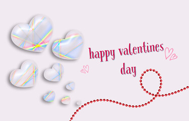 Rainbow colored glass hearts, red chain on pink isolated background for i love you, happy valentines day message 