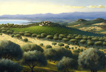 Panorama of the Maremma countryside at dusk, with olive trees, undulating hills, and green fields. Horizontal sea. Tuscany, Casale Marittimo, and Europe. Generative AI