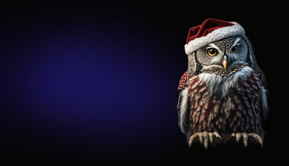 A funny Christmas card of a cute owl dressed as Santa Claus or elf on dark blue background with copy space, Generative AI