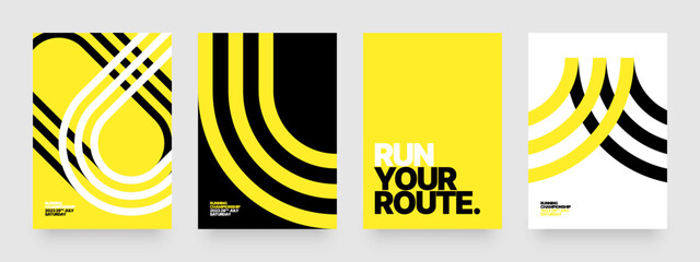 Vector layout template design for run, championship or sports event. Poster design with abstract running track on stadium with lane. Design for flyer, poster, cover, brochure, banner or any layout. - obrazy, fototapety, plakaty