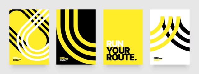 Rolgordijnen Vector layout template design for run, championship or sports event. Poster design with abstract running track on stadium with lane. Design for flyer, poster, cover, brochure, banner or any layout. © dimakostrov