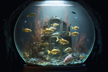 Illustration of a post apocalyptic vault aquarium with mutated fish. Generative AI