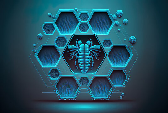 Blue technology or medical illustration design in the hexastyle. Generative AI