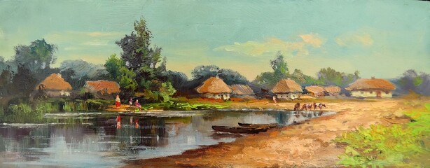 Fototapeta na wymiar rural houses near the river with boats