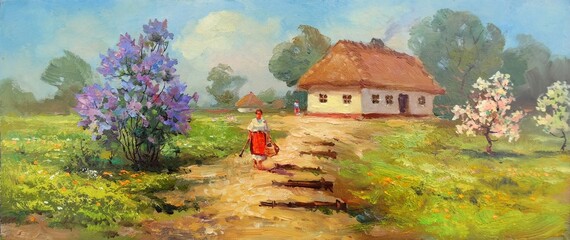 girl with buckets walking along the path past flowering trees