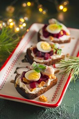 Open sandwiches smorrebroda on rye bread with marinated beetroot, cream cheese, herring and quail egg in Christmas style on a green concrete background. Sandwich recipes.