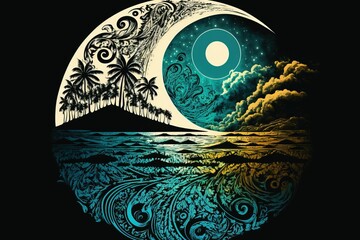 Moon and island. Tattoo idea. tribal pattern. generative ai - obrazy, fototapety, plakaty