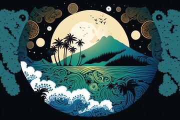 Moon and island. Tattoo idea. tribal pattern. generative ai