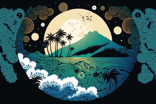 Moon And Island. Tattoo Idea. Tribal Pattern. Generative Ai