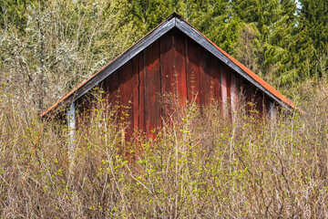 Red wooden gable on a cottage in the spring