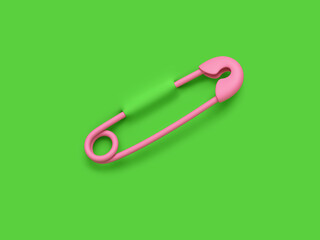 Pink safety pin pierced through green background. Clipping path included