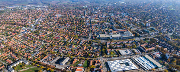 Aerial view of the city Békéscsaba in Hungary on a sunny day in autumn.	