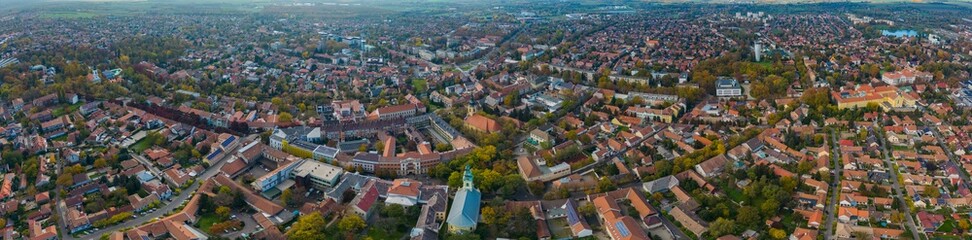 Fototapeta na wymiar Aerial view of the city Gyula in Hungary on on a sunny day in autumn.