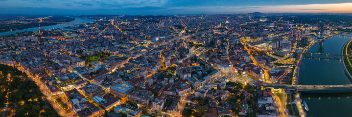 Aerial view around the city capitol Belgrade in Serbia on an early night on an autumn day.