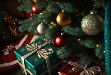 Fototapeta na wymiar Christmas tree with festive present boxes closeup. Generative AI