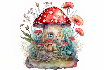 Fly agaric home hand drawn in watercolor with flowers and woodland plants. Illustration in watercolor of a fairy home mushroom. Generative AI