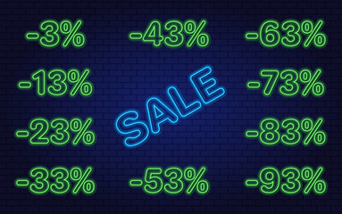 Neon glowing Set sale. Percentage discount 13, 23, 33. Outline digits template for banner, advertisement, website. Symbol for user interface