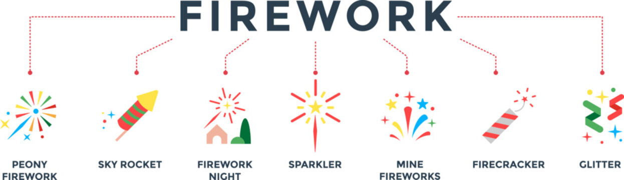 Firework banner web icon vector illustration for new year festival, party and birthday celebration with icons set of peony fireworks, sky rocket, night ,sparkler, mine, firecracker and glitter