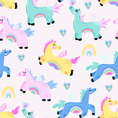 Seamless pattern with magical horse and hearts. Background for kids, clothes, accessories, textile, fabric, wrapping paper and other design.
