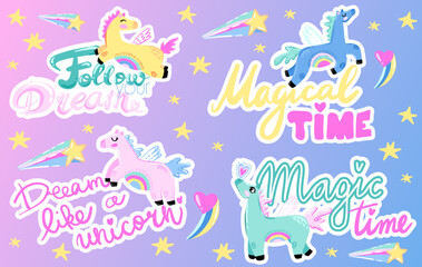 Set with print magic horses. Illustration for kids, t-shirt, kids, stickers, stationery other design.