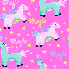 Seamless pattern with magical horse and hearts. Background for kids, clothes, accessories, textile, fabric, wrapping paper and other design.
