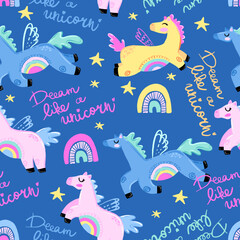  Seamless pattern with horses on blue background . Pattern for textile, fabric, stationery, kids, clothes, wrapping paper and other designs.