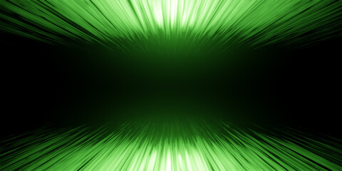 Fototapety  Abstract 3D illustration of glowing bright green neon light streaks in motion. Visualization of data transfer, rapid movement or cyberspace on black background