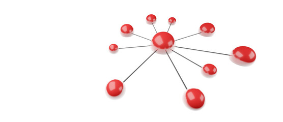 3D illustration of connected red dots or spheres, business teamwork cooperation or group network concept isolated on white background