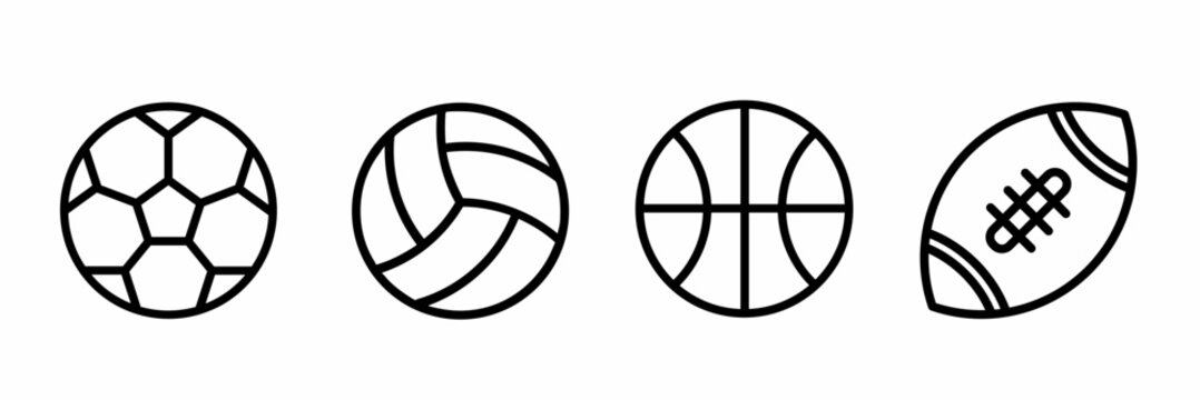 Rugby ball, basketball, soccer ball and volleyball icon set. Stock vector.