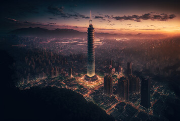 Naklejka premium Conceptual Ai Generated Image (not actual) - Taiwan's thriving capital city, Taipei, at sunset. The 101 Tower stands out among the new skyscrapers in the Xinyi Commercial District, and the city lights