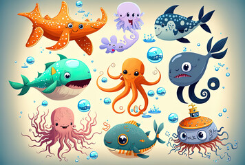 Obraz premium Cartoon picture for children including a cute octopus fish, bathyscaphe, crab, ship, star, hammerhead shark, sea horse, and other water life. Generative AI