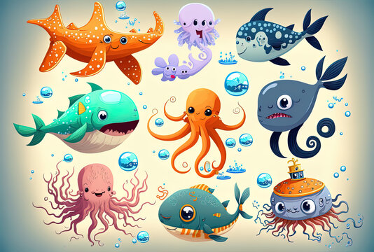 Cartoon picture for children including a cute octopus fish, bathyscaphe, crab, ship, star, hammerhead shark, sea horse, and other water life. Generative AI
