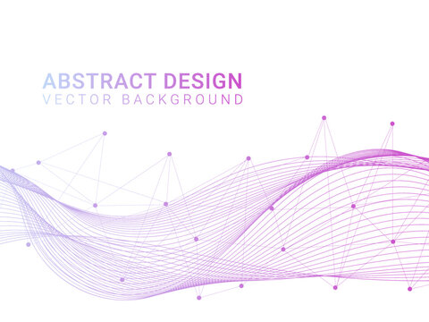 Abstract lines and dots. Data wave connect, pink elements on white background. Big abstract flow pattern for science or medicine, geometric digital objects. Vector minimal wareframe banner