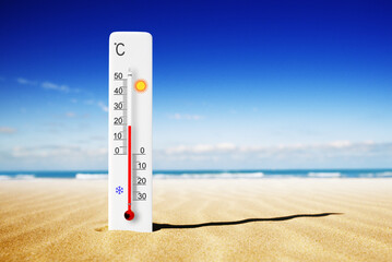 Hot summer day. Celsius scale thermometer in the sand. Ambient temperature plus 19 degrees - obrazy, fototapety, plakaty