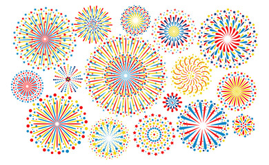 Fototapeta na wymiar Fireworks pattern, new year festive background. Party ornament, Christmas or birthday night event, lights holiday explosion set, abstract carnival star shape. Vector isolated illustration