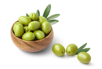 Delicious green olives in a wooden bowl, isolated on white background
