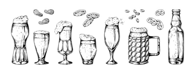 Hand drawn beer glass sketch. Pint glassware. Oktoberfest drink. Beverage mug. Line art alcohol for old bar. Full goblets and snacks. Retro cup for pub menu. Vector vintage style set
