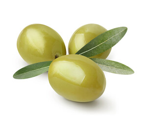 Delicious green olives with leaves, isolated on white background